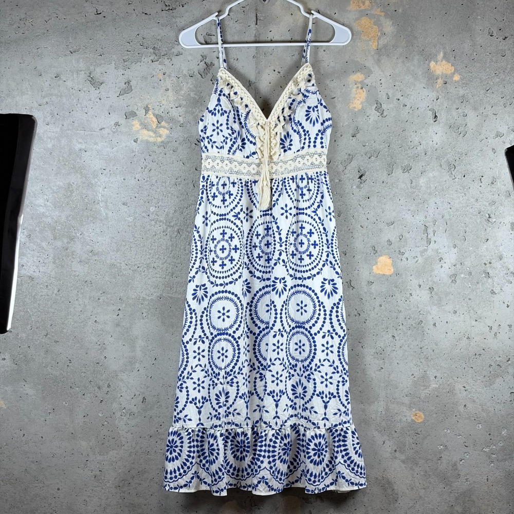 Cupshe Womens Small White Blue Floral Rayon Midi Dress Bohemian CAA05A5M042TC